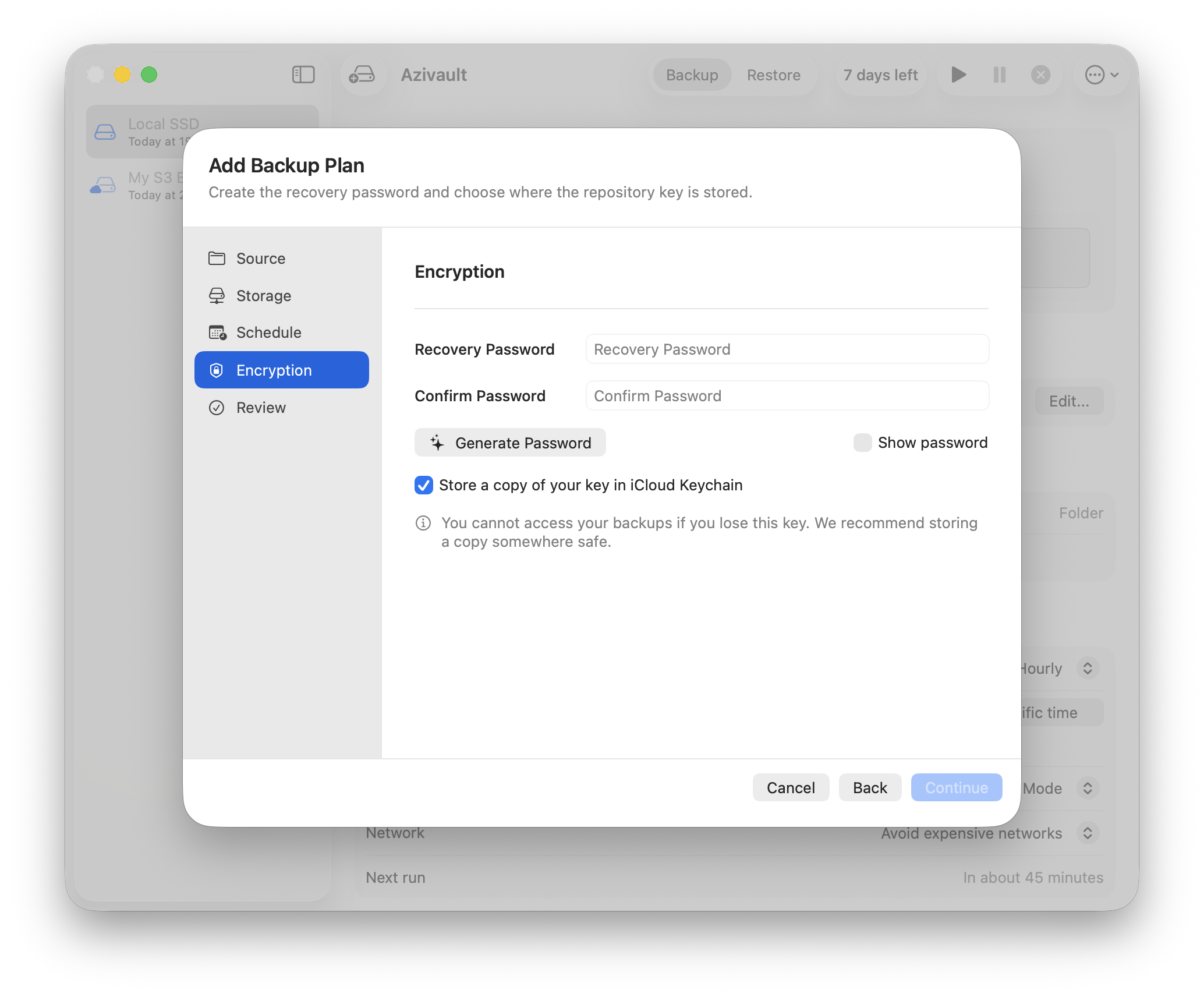 Azivault encryption settings showing a generated recovery password and iCloud Keychain option